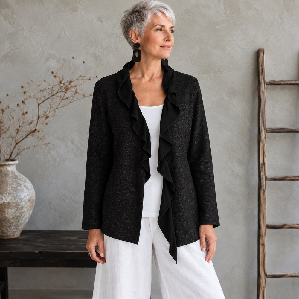 Chico's Black Ruffle Front Blazer Jacket 2 Large